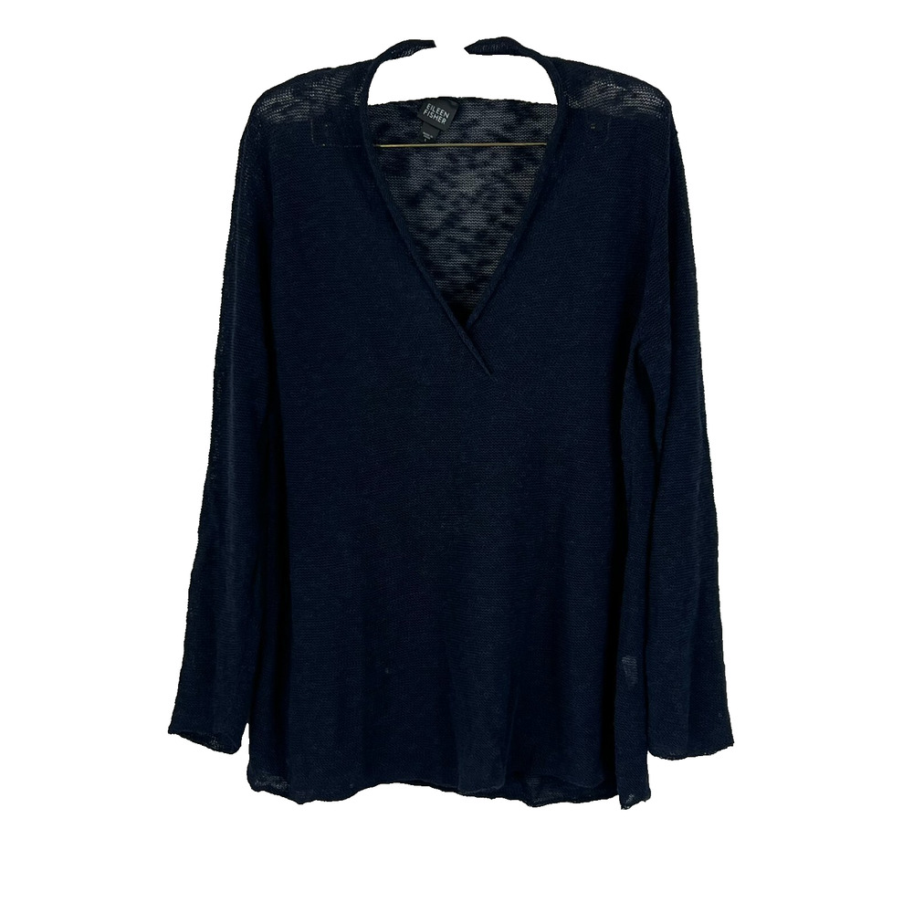 Eileen Fisher Shirt Womens Sz L V-Neck Open Knit Blue Mesh Lightweight Sweater